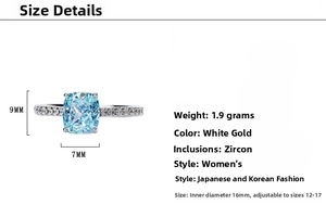 Macro detail of adjustable silver ring featuring a 9x7mm blue square zircon gemstone