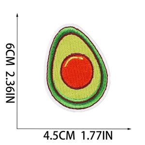 Detail of pear-shaped fruit embroidery patch with 6cm x 4.5cm dimension markers