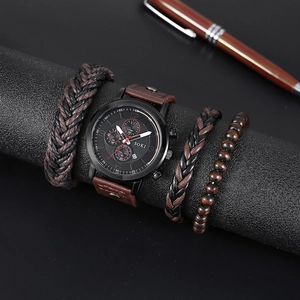 Men Watch And Bracelets Alloy Case Quartz Movement PU Leather Strap Retro Business Casual Jewelry Accessory For Him