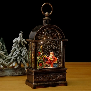 Vintage bronze Christmas lantern music box with Santa Claus and warm LED snow globe