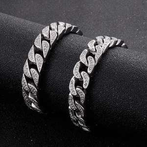 Iced out Cuban link bracelets in silver with glistening pave crystals for men