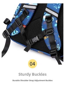Detail of durable buckles and breathable mesh back on the blue space backpack
