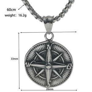 Detailed size map of silver compass pendant necklace with 60cm chain and dimensions
