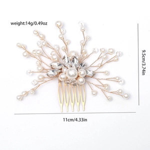 Detailed view of bridal hair comb with pearls and crystals including size measurements