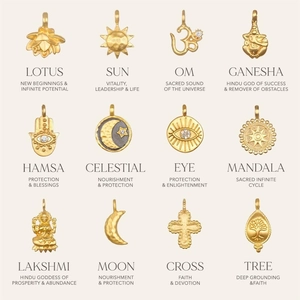 Gold DIY pendant necklace set featuring sun, moon, evil eye, and lotus symbols