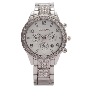 Elegant silver Geneva quartz watch with rhinestone bezel and chronograph dial for women