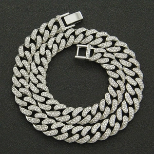 13mm iced out silver Cuban link chain necklace with sparkling rhinestones for men
