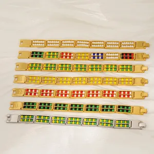 Golden titanium steel bracelets with double-row colorful beads in abacus design