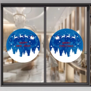 Blue Christmas window decals featuring Merry Christmas and Happy New Year deer scenes