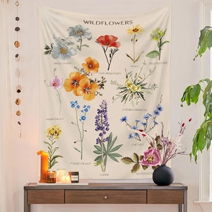 Wall Tapestry Polyester Fiber Retro Botanical Wildflower Sunflower Floral Pattern Decorative Hanging Cloth Home Decor