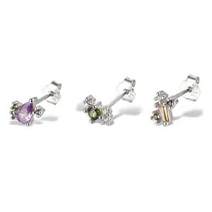 925 Sterling Silver Stud Earrings Colorful Zirconia Geometric Shapes Pear Round Rectangle Elegant Jewelry For Women Girls