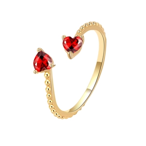 Adjustable 18K gold plated heart ring with sparkling red zircon and beaded band texture
