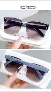 Detail view of grey frame sunglasses with grey-pink gradient lenses and textured temples