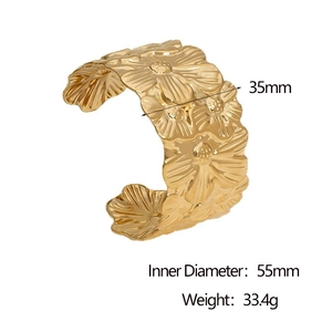 Wide 18k gold plated stainless steel open cuff bangle with floral engraving 35mm