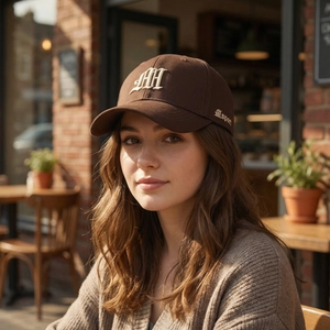 Classic dark brown cotton baseball cap with white LH 3D embroidery in outdoor cafe setting