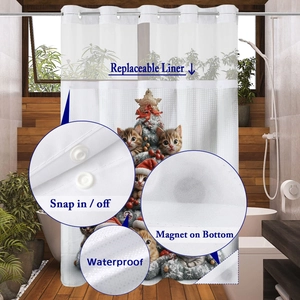 Detail showing waterproof waffle fabric cat Christmas shower curtain with snap-in liner