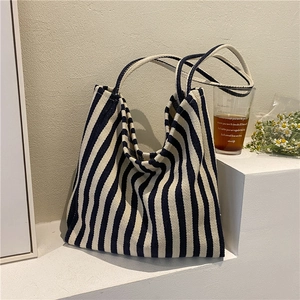 Striped Canvas Tote Bag Large Capacity Casual Shoulder Handbag Retro Style Women Daily Shopping