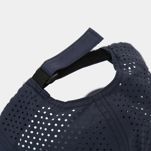 Detail of navy quick-dry mesh baseball cap with adjustable velcro strap and premium stitching