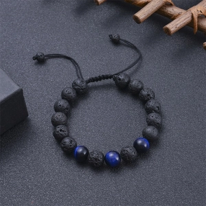 Adjustable 10mm tiger eye and volcanic lava stone beaded bracelet for men and women