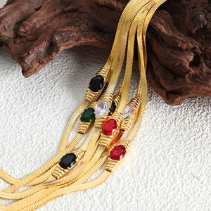 French style gold snake chain necklace with colorful oval stones and zircons