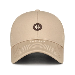 Khaki mesh trucker hat with DHANY 3D embroidery and breathable fabric for sun protection