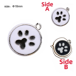 Double-sided 18mm silver pet paw print charm for cat and dog collars with enamel finish
