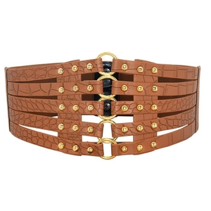 Caramel brown elastic wide waist belt with crocodile texture and gold metal rings