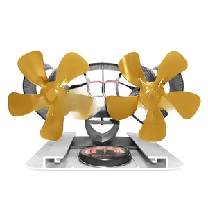 Detail of dual-head heat powered stove fan with golden 4-blade and stove thermometer
