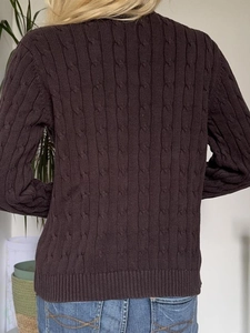 Pull en maille torsadée marron foncé pour femme, manches longues et style décontracté chic