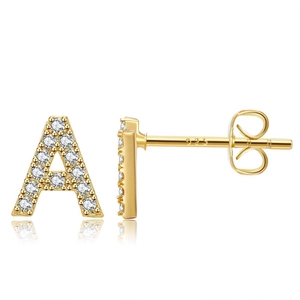 Letter A 925 silver stud earrings with gold plating and paved white cubic zirconia