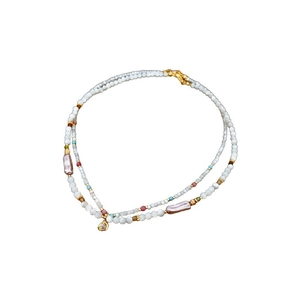 Multilayer beaded necklace with artificial pearls, shell beads and gold teardrop pendant