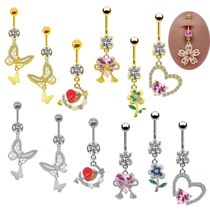 Fashion Copper Rhinestone Heart Butterfly Navel Ring Flower Bow Navel Piercing Jewelry For Women Gold Silver Pink