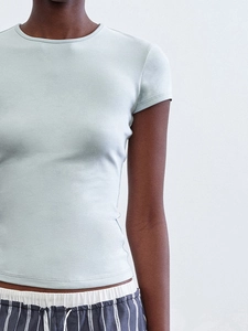 Close-up of mint green slim fit cotton T-shirt showing fine knit texture and crew neck