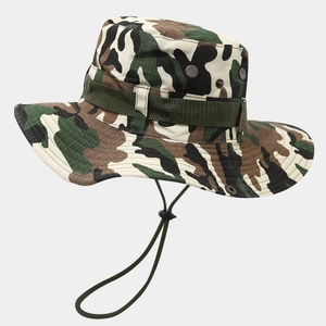 Detail of jungle camo sun hat featuring metal side vents and tactical webbing loops