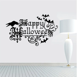 Minimalist Happy Halloween wall decal with black crows and bats for home party decor