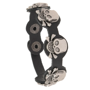 Vintage black leather bracelet with silver metal skulls and snap closure for men