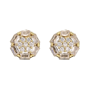Golden cluster stud earrings featuring cubic zirconia in a round geometric floral design