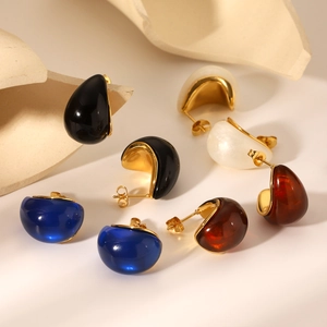 French retro resin teardrop earrings in gold stainless steel with multiple colors