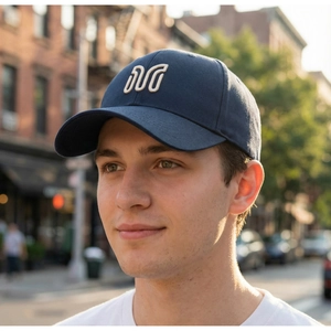 Close-up of navy blue cotton baseball cap featuring white 3D letter embroidery