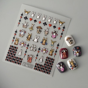 5D embossed rabbit and poker nail art stickers with textured patterns for manicure