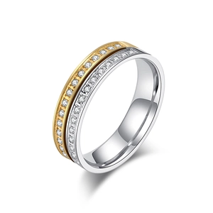 Polished two-tone titanium steel couple's ring with full-circle pave-set cubic zirconia