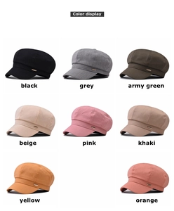 Grid view showing eight different colors of minimalist newsboy caps for women in cotton