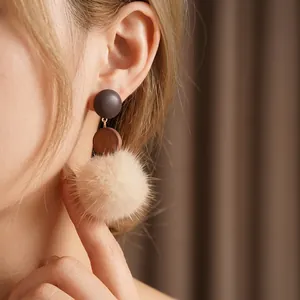 Vintage wood and pompom drop earrings for women with brown geometric round dangles