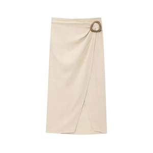 Gonna midi in misto lino beige con fibbia rotonda in legno e trama intrecciata dettagliata