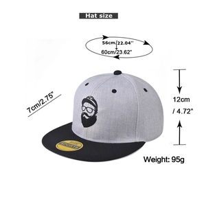 Size chart for gray and black flat brim baseball cap with measurements and weight