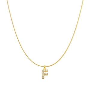 Detail of gold letter F pendant with clear zircon stones on a sleek snake chain necklace