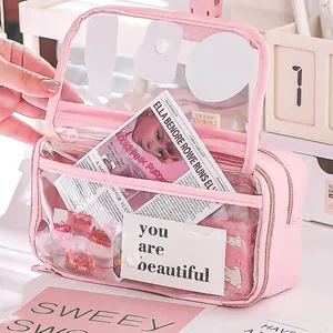 Pink minimalist large capacity transparent pouch with handle and internal storage slots