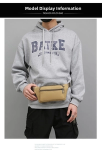 Close-up of a durable khaki men's waist bag with adjustable strap on a model