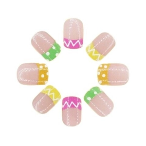 French press-on nails with yellow, green, and red polka dot tips in a circular layout
