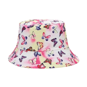 Tie-dye bucket hat with butterfly print for women, featuring yellow and pink hues